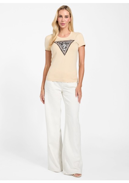 Yarım Balıkçı Yaka Baskılı Krem Kadın T-Shirt Pytho Kadın Slim Fit T-Shirt