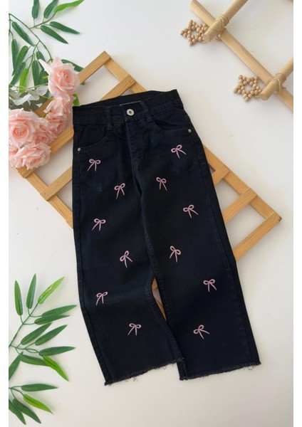 Fiyonk Işleme Detaylı Kız Çocuk Yumuşak kot pantolon - Siyah