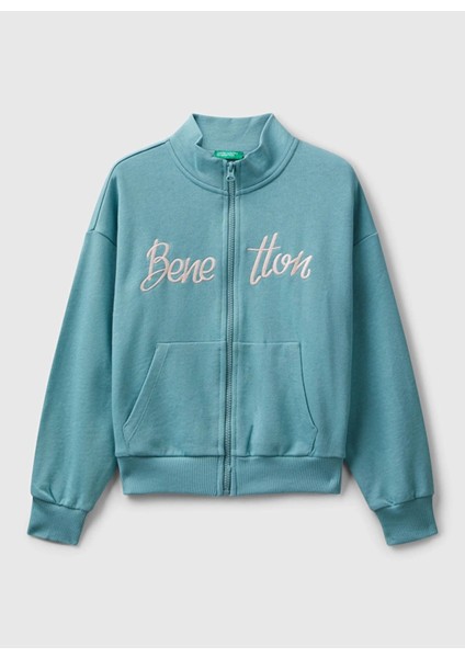 Nakışlı Kız Çocuk Gri - Yeşil Sweatshırt 3J68C505D