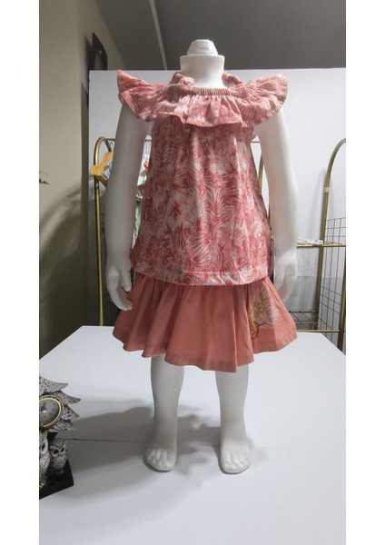 Kız Çocuk Etek-Tişört Takım, %100 Pamuk Nefes Alan, Lastikli Straplez, Tarz, Pileli