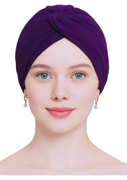 Düğümlü Dış Bone Mürdüm | Hazır Bağlı Sosyete Yarım Şal Modeli | Tesettür Rahat ve Şık Bone