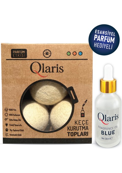 Qlarıs Keçe Çamaşır Kurutma Topu Vegan Blue Esansiyel Parfüm Hediyeli