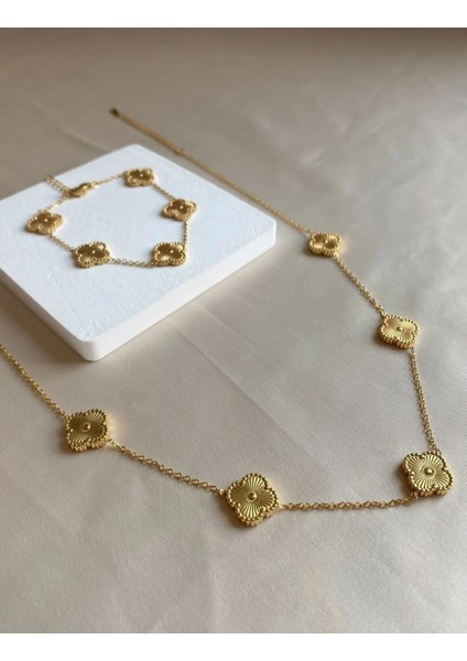 Yonca Model Kadın 316L Kararmaz Çelik Gold Kolye & Bileklik 2'li Set