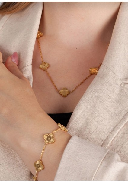 Yonca Model Kadın 316L Kararmaz Çelik Gold Kolye & Bileklik 2'li Set fiyatları