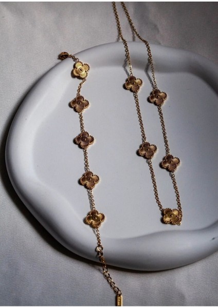 Yonca Model Kadın 316L Kararmaz Çelik Gold Kolye & Bileklik 2'li Set modelleri