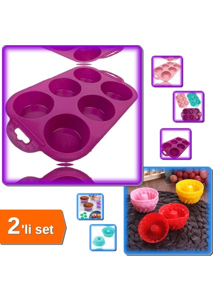 6 Adet Muffin Kek Kalıbı + 6 Bölmeli Silikon Muffin Kek Kalıbı - 2li Set ABC456
