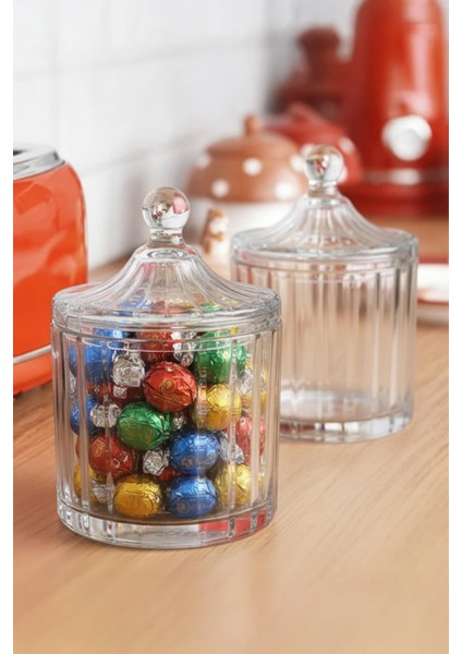 Eliston Kapaklı Cam Şekerlik ve Kavanoz – Çizgili Şeffaf Cam Tasarım 500 ml