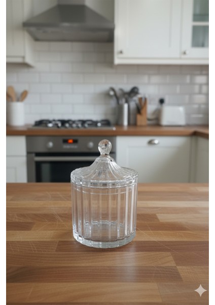 Eliston Kapaklı Cam Şekerlik ve Kavanoz – Çizgili Şeffaf Cam Tasarım 500 ml modelleri