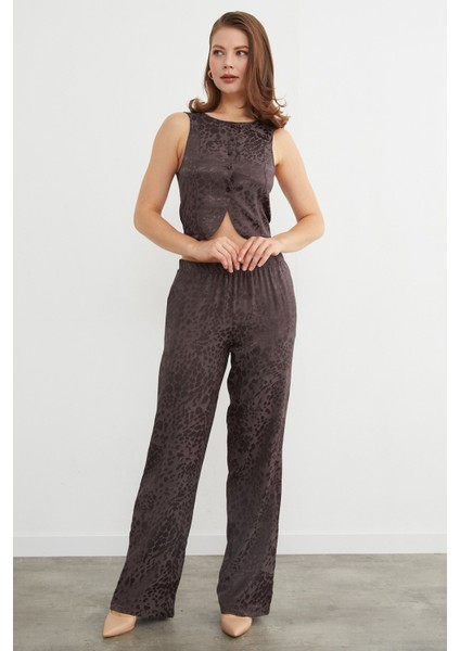 Leopar Desenli Saten Yelek Pantolon Takım