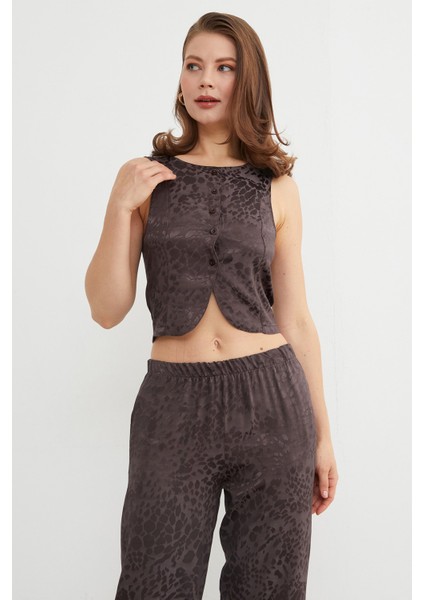Leopar Desenli Saten Yelek Pantolon Takım