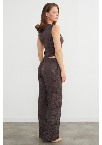 Leopar Desenli Saten Yelek Pantolon Takım