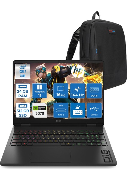 Omen Gaming Intel® Core™ 7 240H Aı Ddr5 24GB 512GB SSD 8GB/RTX5070 16" 2k (1920 x 1200) 144 Hz 300 Nits IPS WINDOWS11HOME Gaming Laptop CD8M6EAH01+ZETTAÇANTA