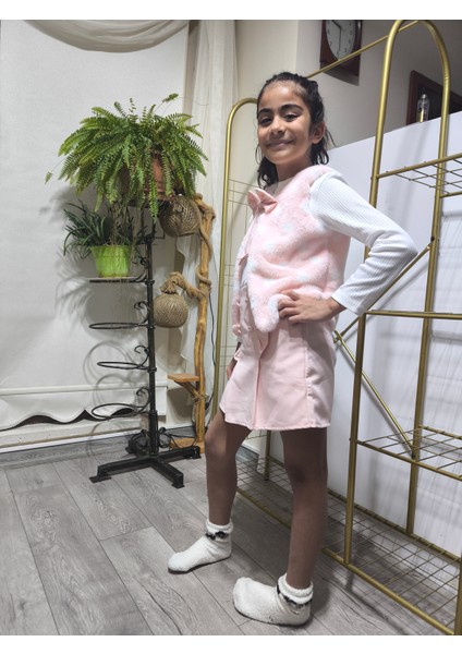 Kız Çocuk Üçlü Takım (Peluşlu Yelek+Pamuklu Bluz+Kaşe Şort Etek) Şık Kışlık Açık Pembe fiyatları