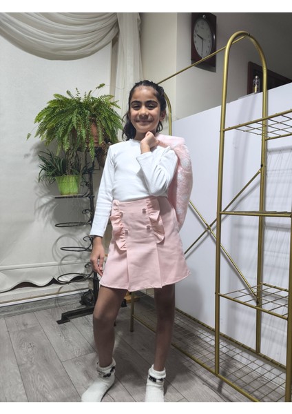 Kız Çocuk Üçlü Takım (Peluşlu Yelek+Pamuklu Bluz+Kaşe Şort Etek) Şık Kışlık Açık Pembe fırsatları