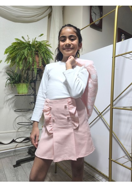 Kız Çocuk Üçlü Takım (Peluşlu Yelek+Pamuklu Bluz+Kaşe Şort Etek) Şık Kışlık Açık Pembe
