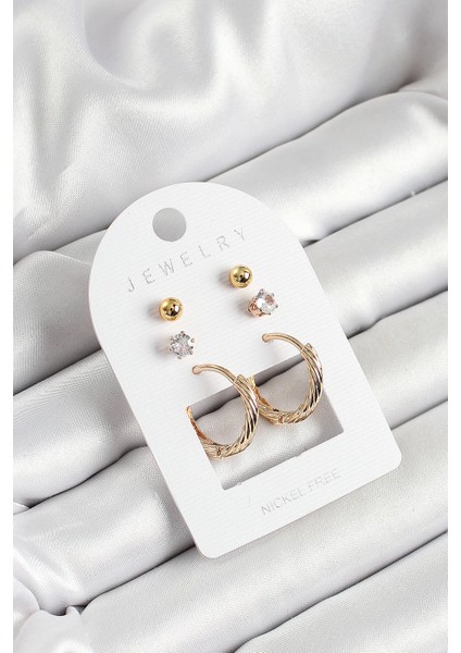 Bfs Pirinç Zirkon Taş ve Halka Figürlü Gold Renk 3'lü Çift Kadın Küpe Set