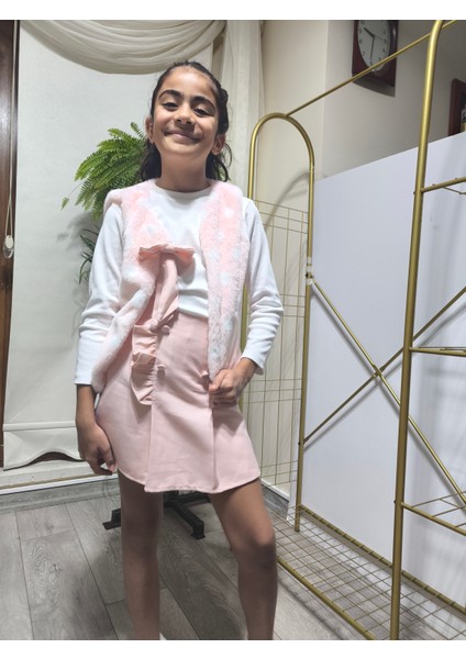 Kız Çocuk Üçlü Takım (Peluşlu Yelek+Pamuklu Bluz+Kaşe Şort Etek) Şık Kışlık Açık Pembe