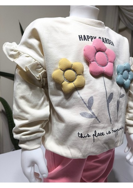 Kız Çocuk Alt Üst Takım Kolu Fırfırlı El Nakışı Kabartma Çiçek %100 Pamuk