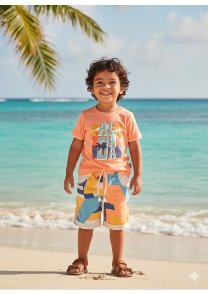 Çocuk Unisex Kız Erkek Şortlu Alt Üst Takım Kreş %100 Pamuk Rahat Tarz Tasarım Premium, Turuncu