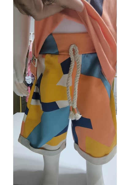 Çocuk Unisex Kız Erkek Şortlu Alt Üst Takım Kreş %100 Pamuk Rahat Tarz Tasarım Premium, Turuncu fırsatları