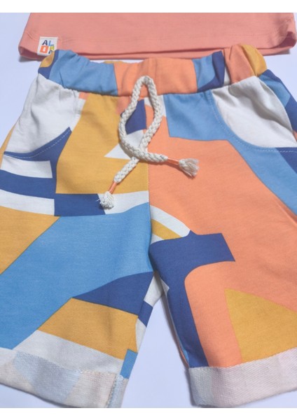 Çocuk Unisex Kız Erkek Şortlu Alt Üst Takım Kreş %100 Pamuk Rahat Tarz Tasarım Premium, Turuncu