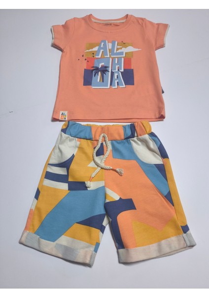 Çocuk Unisex Kız Erkek Şortlu Alt Üst Takım Kreş %100 Pamuk Rahat Tarz Tasarım Premium, Turuncu