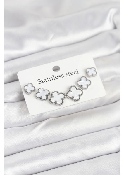 Bfs 316L Çelik Gümüş Beyaz Renk 3 Boy Yonca Küpe Seti