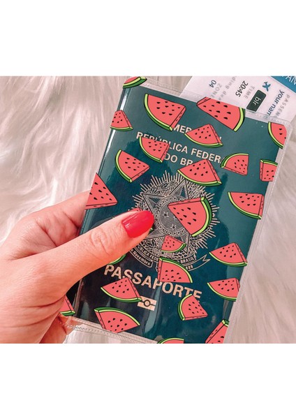 Tüm Ülke Pasaportları ile Uyumlu Şeffaf Pvc Baskılı Cepli Pasaport Kılıfı Kabı - Şeker Karpuz