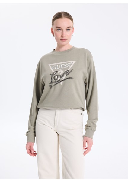 Yuvarlak Yaka Baskılı Yeşil Kadın Sweatshırt Studded Kadın Sweatshirt