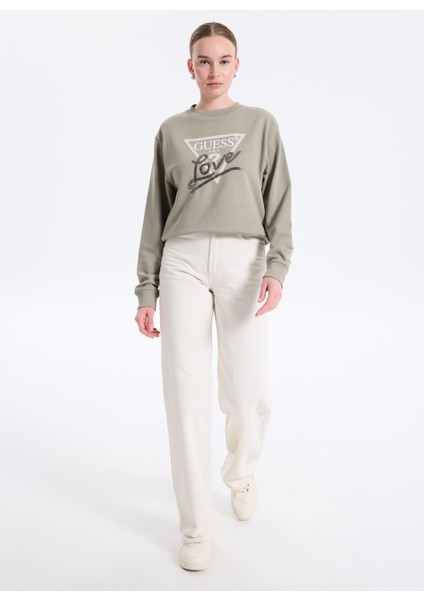 Yuvarlak Yaka Baskılı Yeşil Kadın Sweatshırt Studded Kadın Sweatshirt fiyatları