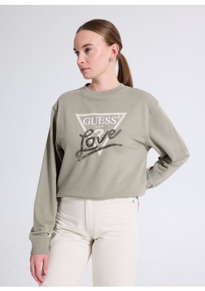 Yuvarlak Yaka Baskılı Yeşil Kadın Sweatshırt Studded Kadın Sweatshirt modelleri