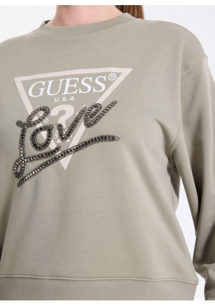 Yuvarlak Yaka Baskılı Yeşil Kadın Sweatshırt Studded Kadın Sweatshirt indirimleri