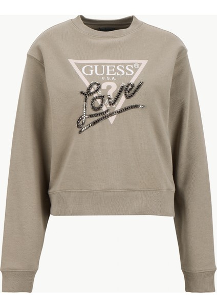 Yuvarlak Yaka Baskılı Yeşil Kadın Sweatshırt Studded Kadın Sweatshirt