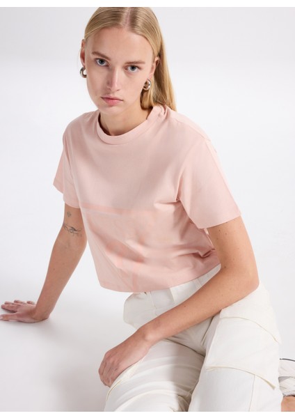 Klasik Yaka Bej Kadın T-Shirt Adele Kadın Aktif Boxy Fit T-Shirt