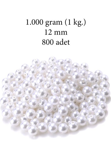 1.000 Gram (1 Kg.) 12MM Beyaz Renk Plastik Inci Boncuk Çanta ve Takı Yapım Boncuğu (~800 Adet)