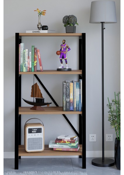 4 Katlı Metal Çerçeveli Kitaplık, Dekoratif Raf Ünitesi, Modern Salon ve Ofis Rafı Destekli