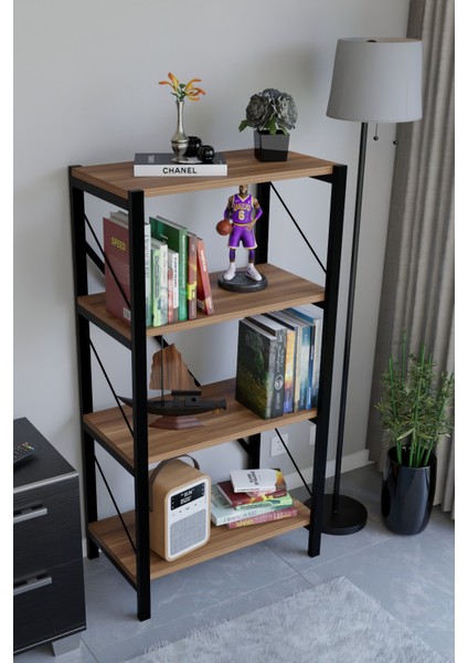 4 Katlı Metal Çerçeveli Kitaplık, Dekoratif Raf Ünitesi, Modern Salon ve Ofis Rafı Destekli fiyatları