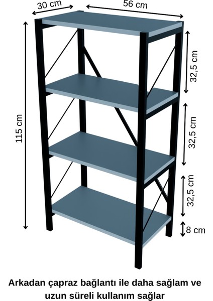4 Katlı Metal Çerçeveli Kitaplık, Dekoratif Raf Ünitesi, Modern Salon ve Ofis Rafı Destekli modelleri