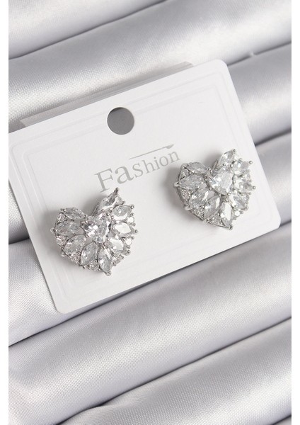 Bfs Pirinç Gümüş Renk Zirkon Taşlı Kalp Model Kadın Küpe