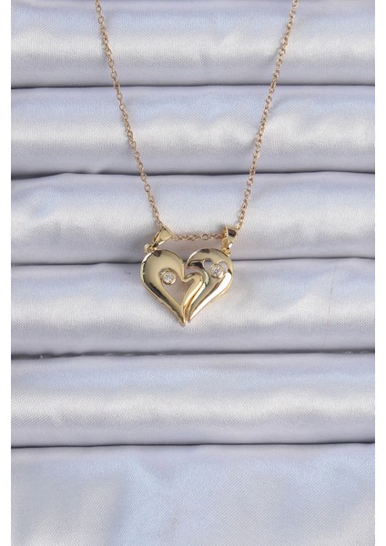 Bfs 316L Çelik Zincir Altın Renk Zirkon Taşlı Mıknatıslı Kalp Kolye