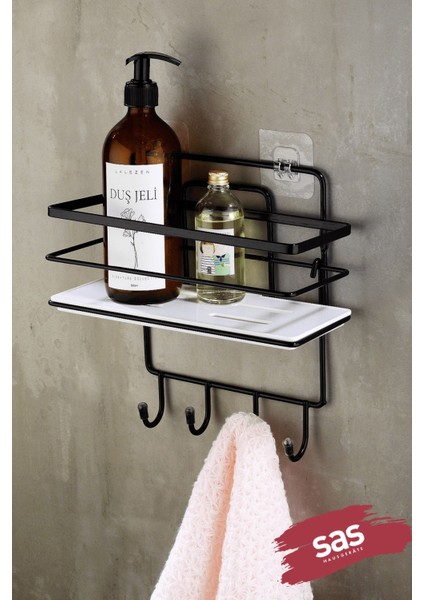 4 Kancalı Yapışkanlı Ayarlanabilir Banyo Duş Rafı – Paslanmaz Kristal Şampuanlık (Yapıştır/vidala) Siyah-Beyaz - Lş-01 - Sbsk