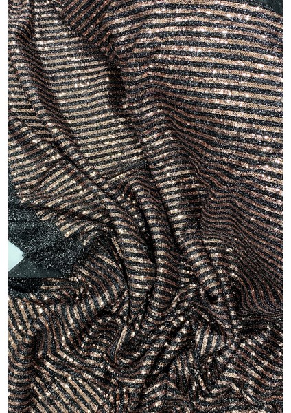 Sakallı Çizgili Pullu Kumaş Pullu Payet Kumaş Abiye Nişan Düğün Siyah Bakır