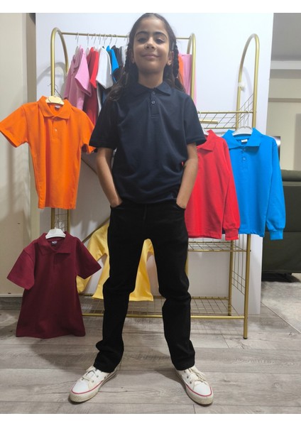 unisex Çocuk Genç Polo Yaka Kısa Kol Okul Günlük Tişört, Nefes Alabilen Kumaş