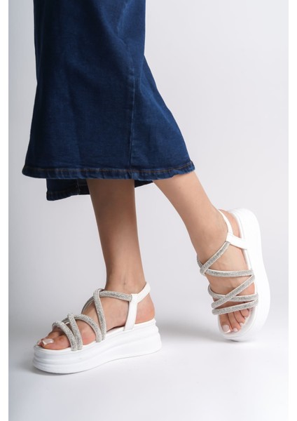 Elena Lastikli Taşlı Şeritli Ortopedik Taban Kadın Sandalet Cbt - Beyaz