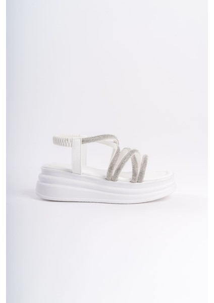 Elena Lastikli Taşlı Şeritli Ortopedik Taban Kadın Sandalet Cbt - Beyaz indirimleri