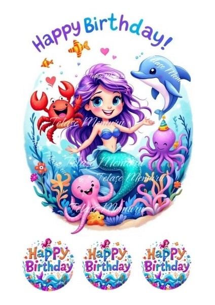 Deniz Kızı Pasta Süsü Pasta Resmi ve Baskısı - Yenilebilir Pasta Süsü- Yenilebilir Kağıt Baskı2