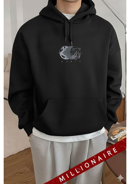 Erkek Siyah Earth Kapüşonlu Oversize 3 Iplik Şardonlu Salaş Bol Kesim Hoodie Sweatshirt