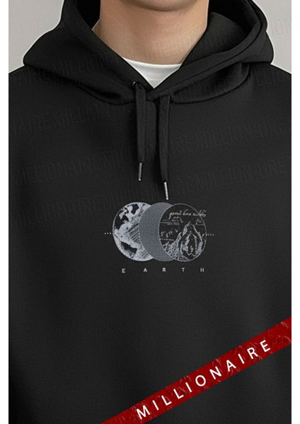 Erkek Siyah Earth Kapüşonlu Oversize 3 Iplik Şardonlu Salaş Bol Kesim Hoodie Sweatshirt fiyatları
