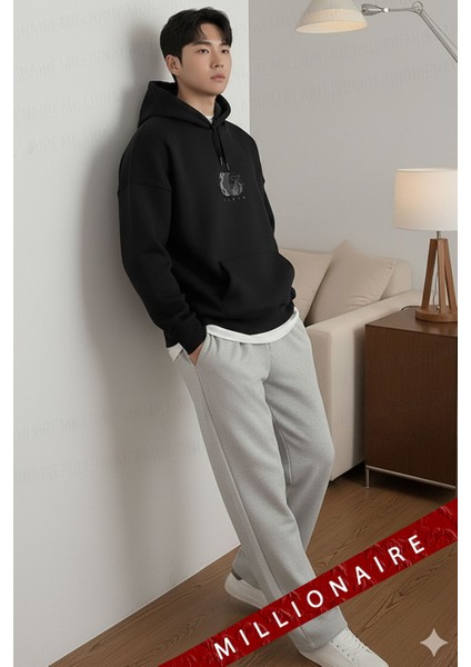 Erkek Siyah Earth Kapüşonlu Oversize 3 Iplik Şardonlu Salaş Bol Kesim Hoodie Sweatshirt modelleri