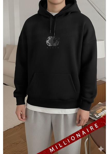 Erkek Siyah Earth Kapüşonlu Oversize 3 Iplik Şardonlu Salaş Bol Kesim Hoodie Sweatshirt indirimleri